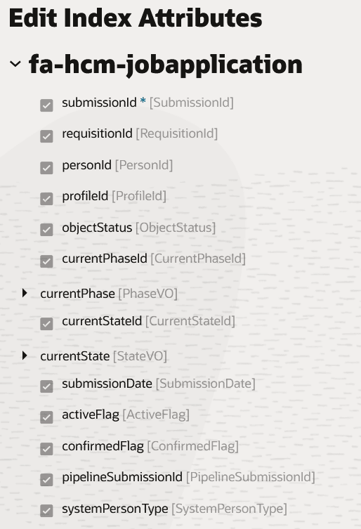 Screenshot showing the index attributes for fa-hcm-jobapplication index