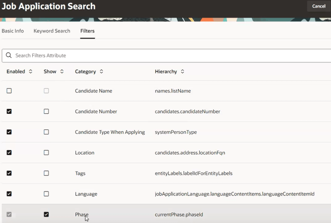 Screenshot showing the Job Application Search View