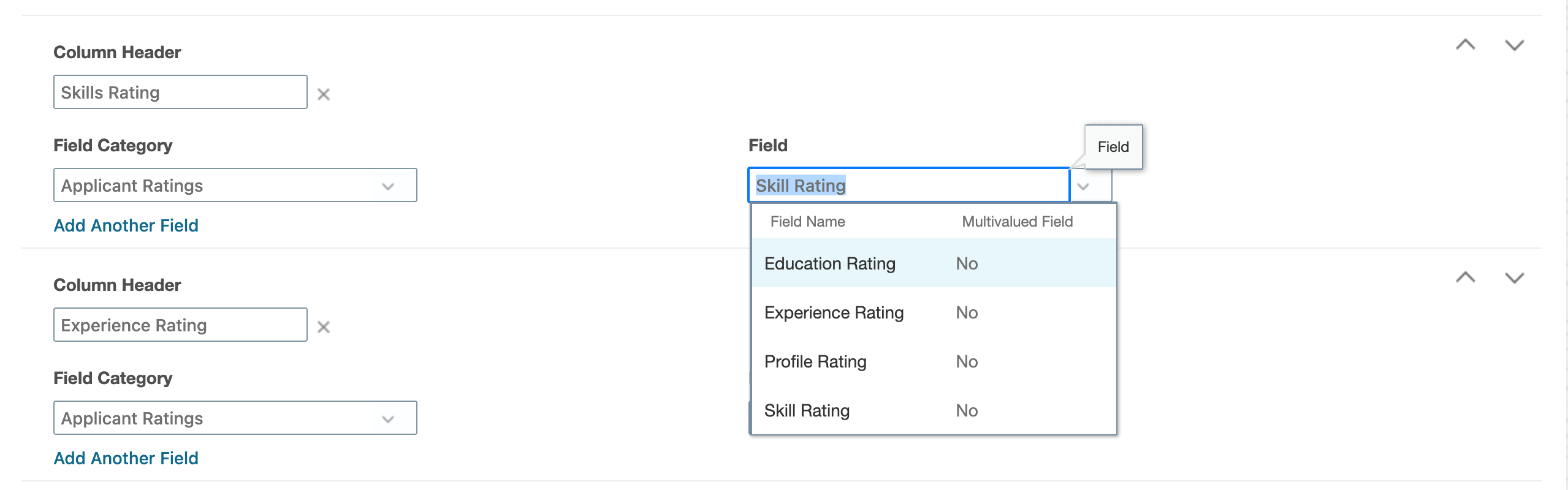 Applicant Ratings Category in Grid View Configuration