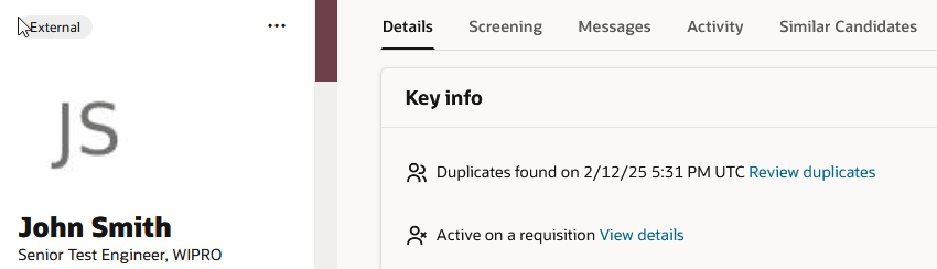 Duplicate Check Info in the Key Info Section