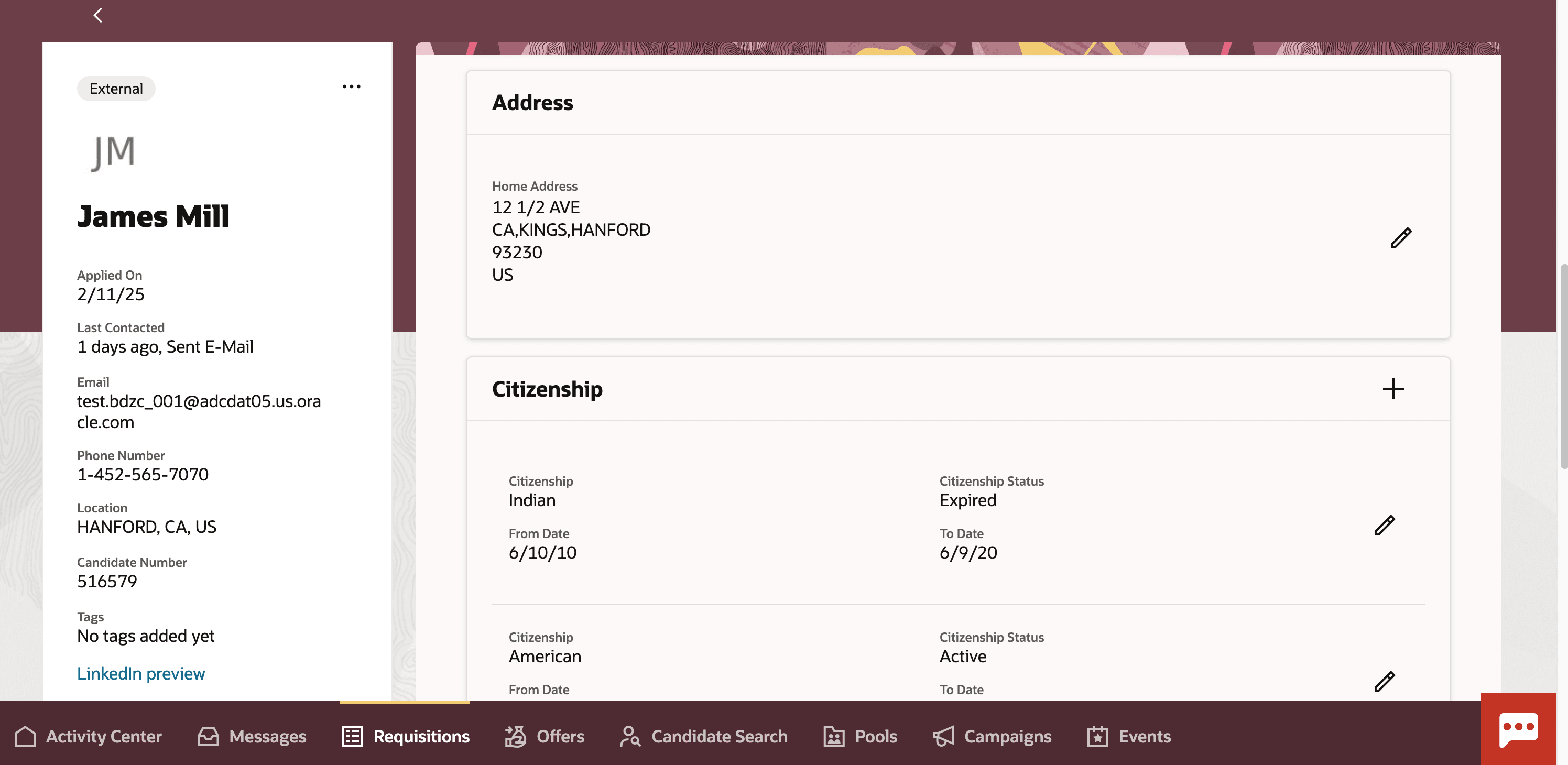 Recruiter View of Candidate's Citizenship