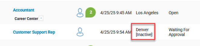 List view showing that a department is inactive