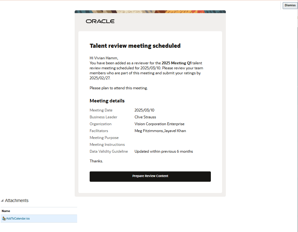Notification to meeting reviewer with the ICS file attachment