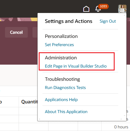 Settings and Actions Menu with the Edit Page in Visual Builder Studio Option Highlighted