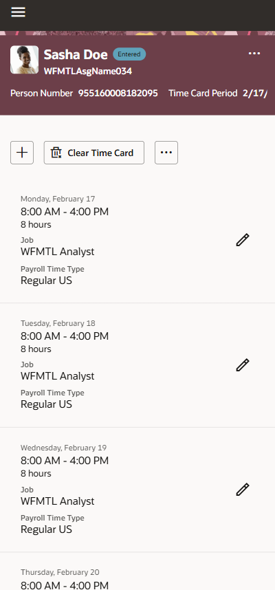 Mobile Redwood Time Card Showing the Multiple Entries Created from the Single Time Entry