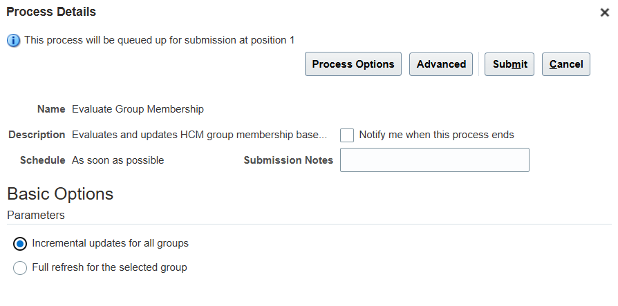 Evaluate Group Membership Process Details Page Showing the New Basic Options
