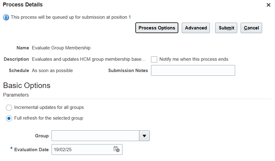 Evaluate Group Membership Process Details Page Showing the Full Refresh Fields