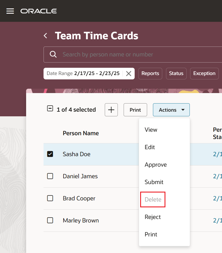 Team Time Cards Page Showing the Delete Action Is Unavailable