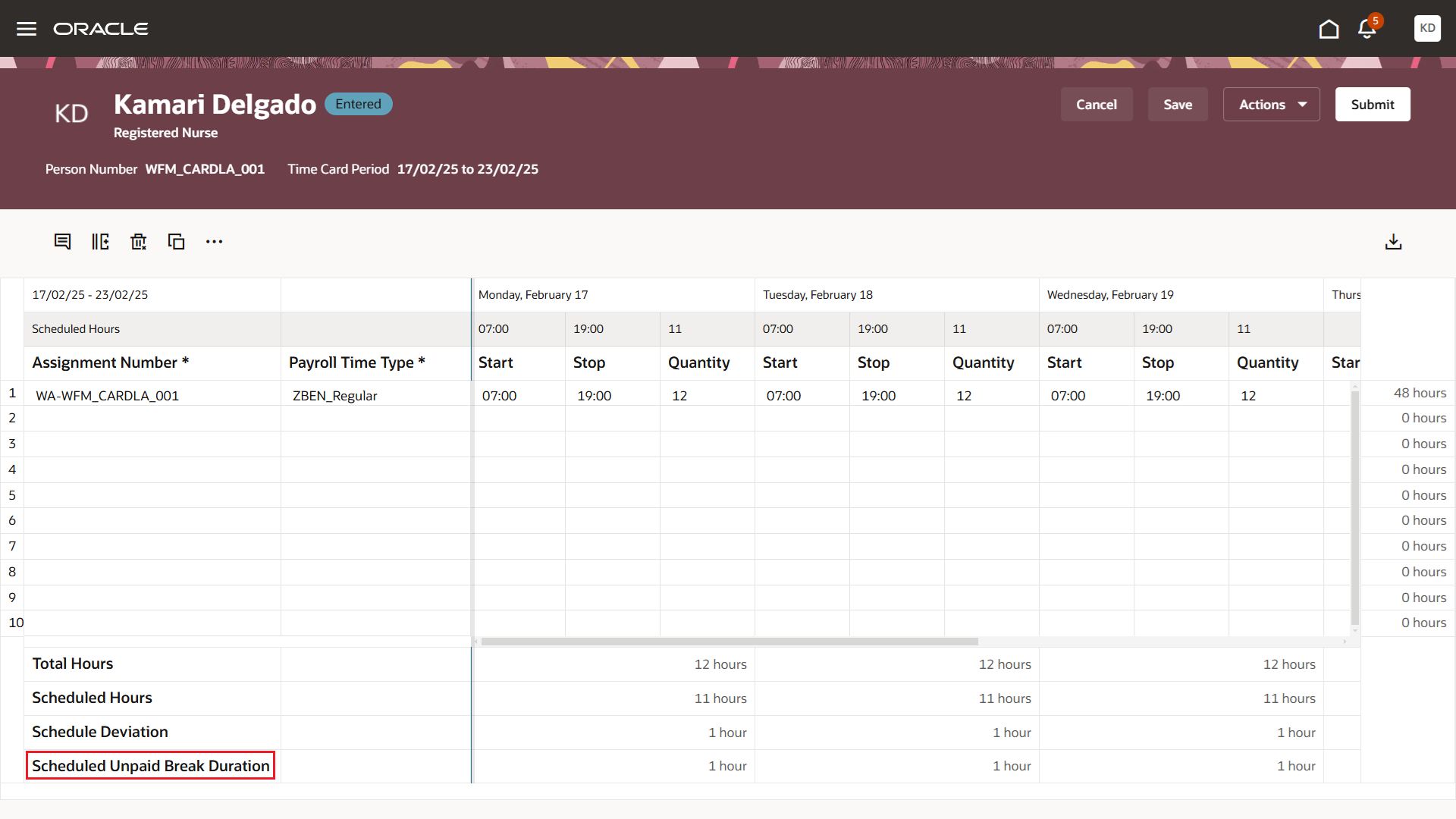 Redwood Time Card Showing the Scheduled Unpaid Break Duration Time Totals