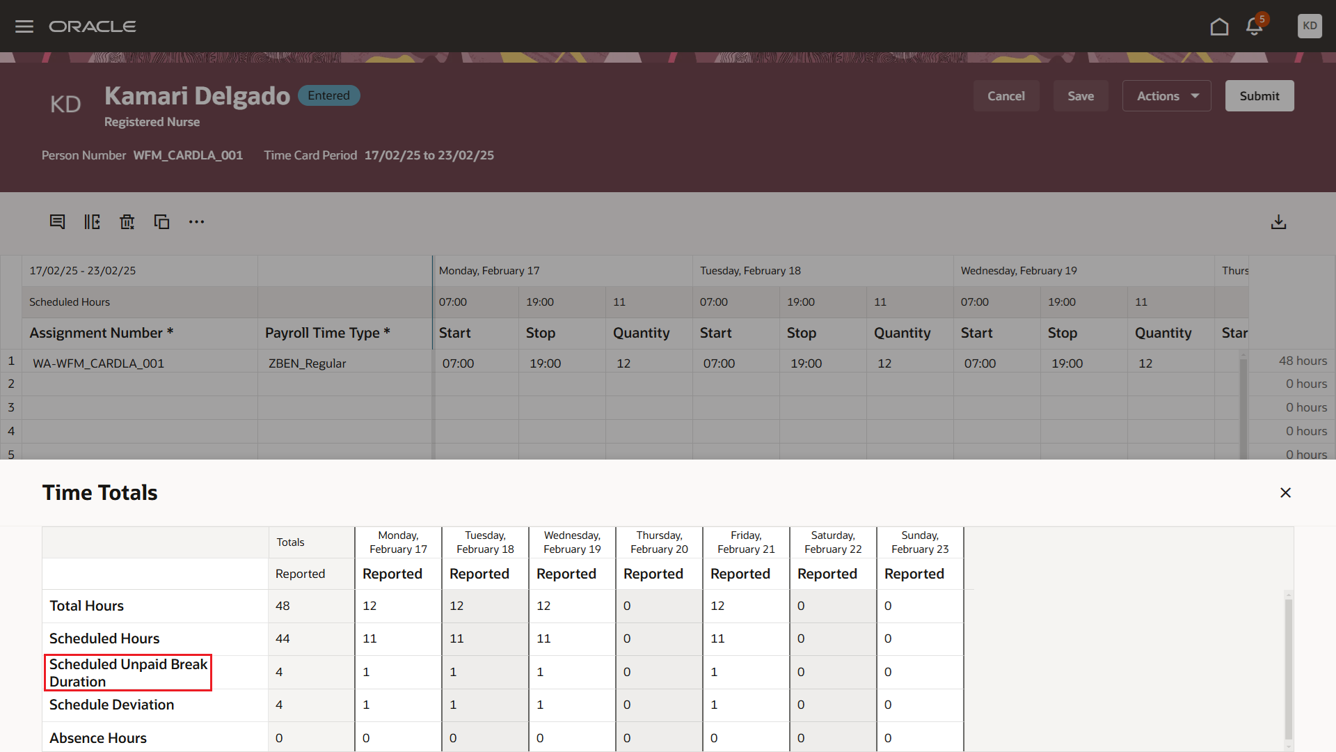 Time Totals Drawer Showing the Scheduled Unpaid Break Duration Totals