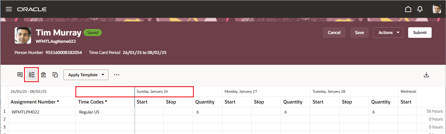 Reported Time Card Page with the Additional Attribute Columns Hidden