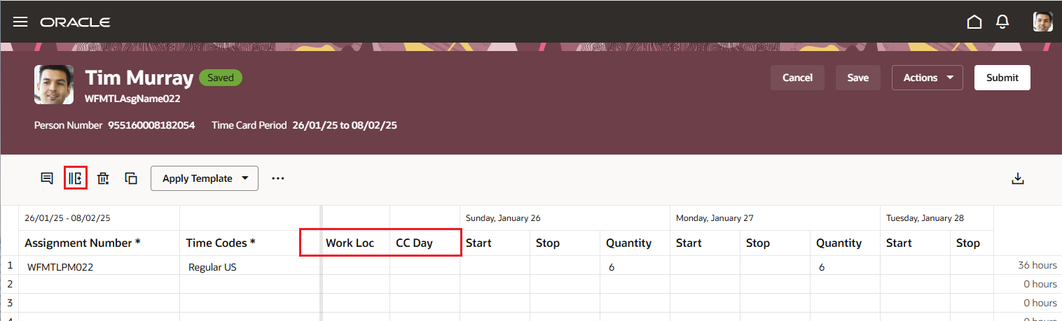 Reported Time Card with the Additional Attribute Columns Showing
