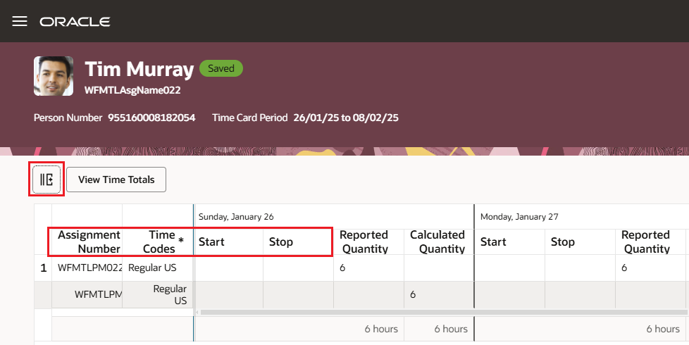 Calculated Time Card Page with the Additional Attribute Columns Hidden