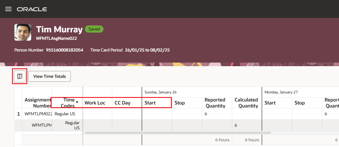 Calculated Time Card Page with the Additional Attribute Columns Showing