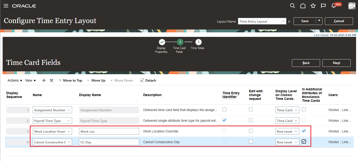 Configure Time Entry Layout, Time Card Fields Page with Additional Attribute Rows Highlighted