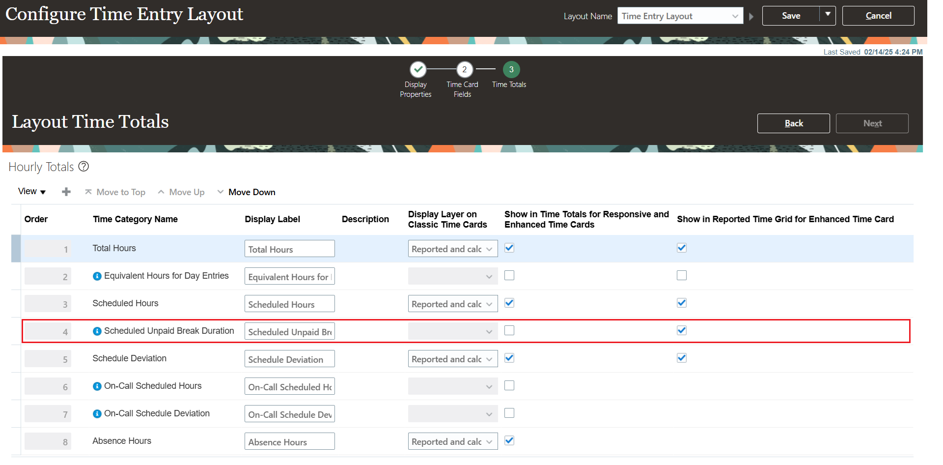 Layout Time Totals Page Showing the Scheduled Unpaid Break Duration Total Configured to Appear Under the Reported Time Card Grid
