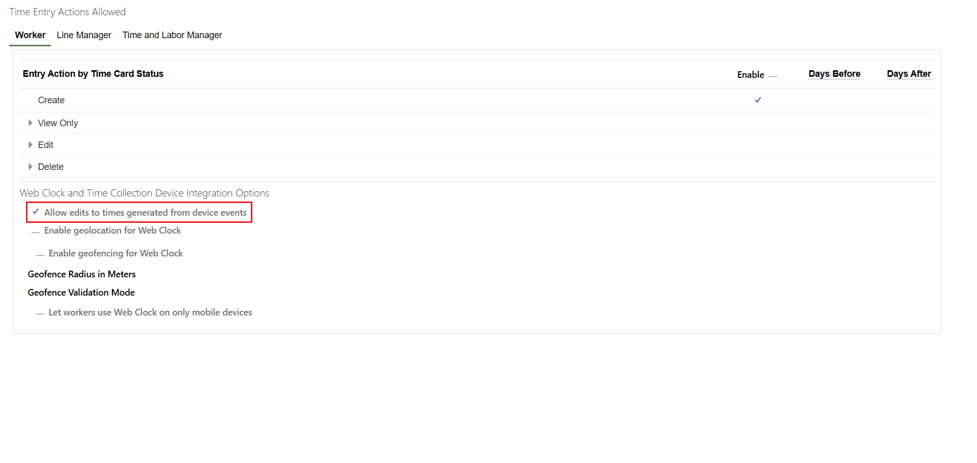 Worker Time Entry Profile with the Allow Edits to Times Generated from Device Events Highlighted