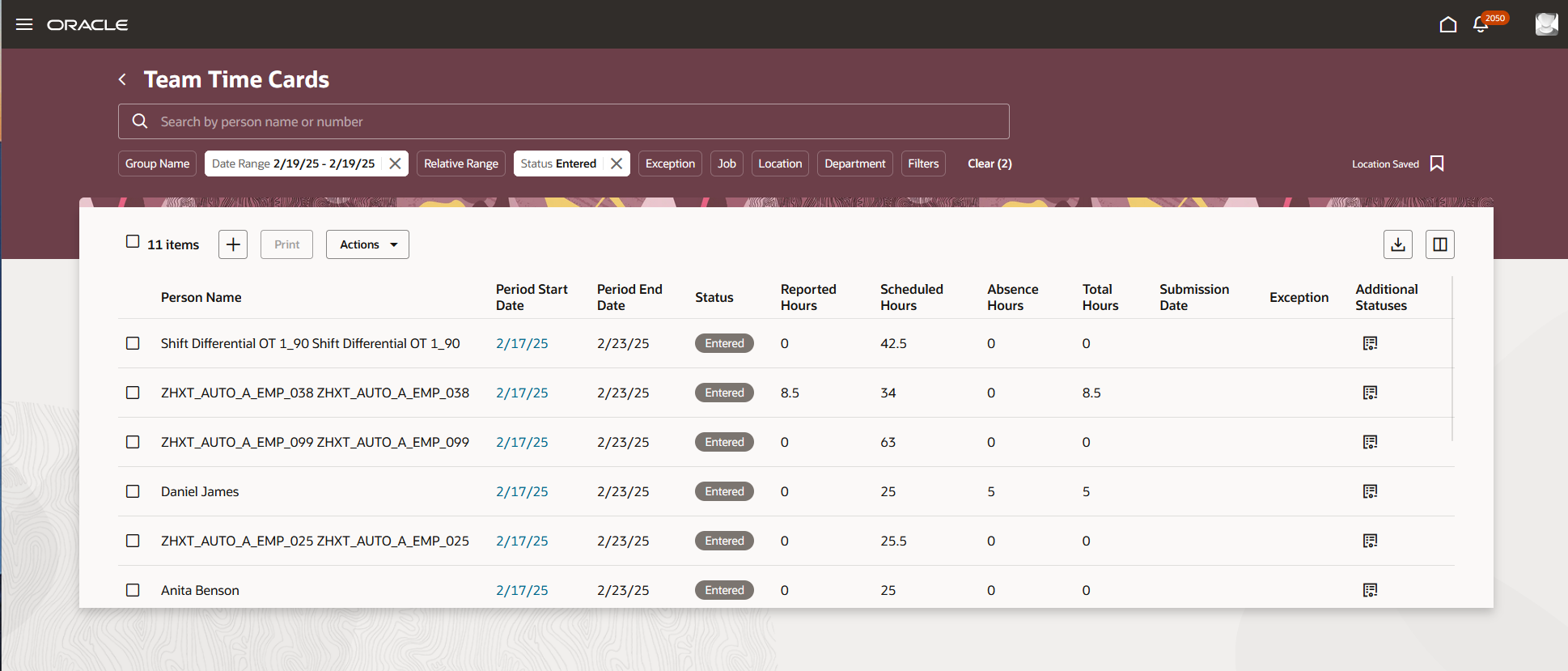 Redwood Team Time Card Page Showing Only Time Cards with an Entered Status