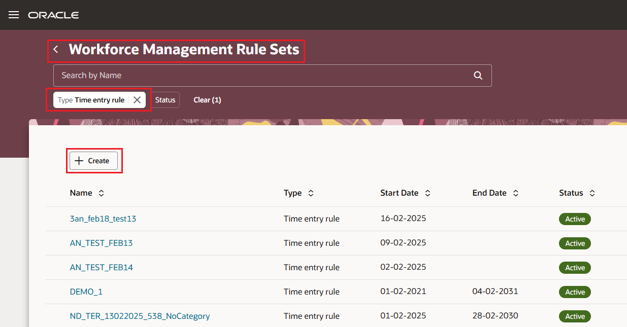 The Workforce Management Rule Sets Page Filtered to Show Only Time Entry Rule Sets