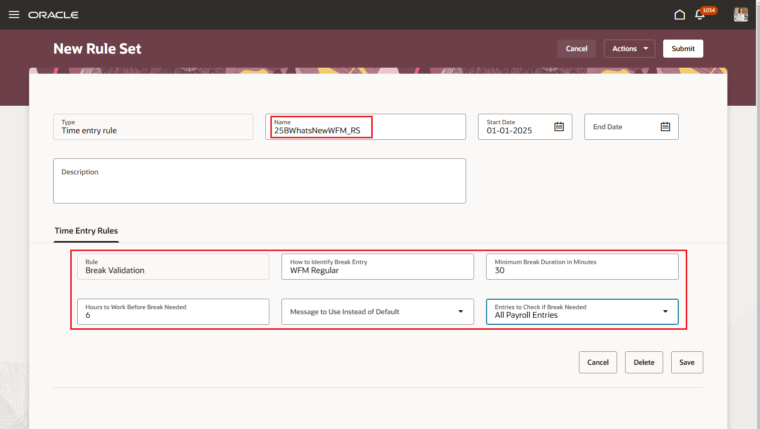 New Rule Set Page Showing the Delivered Time Entry Rule Parameters