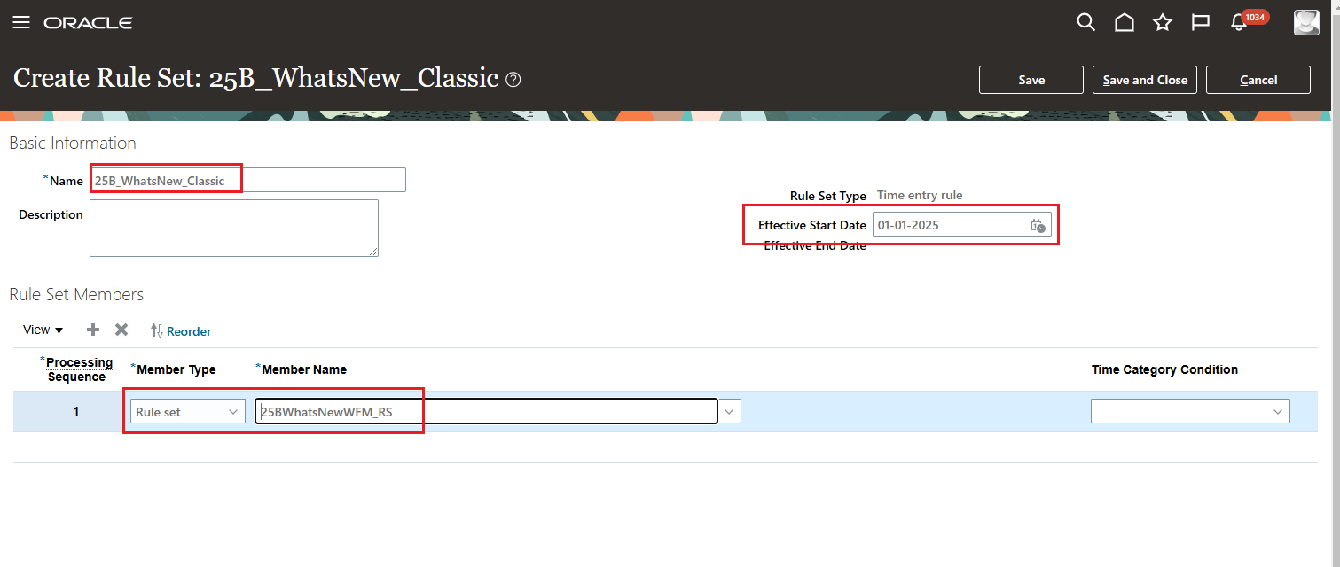 Classic Create Rule Set Page Where You Add the Workforce Management Time Entry Rule Set, to Associate It with Worker Time Processing Profiles