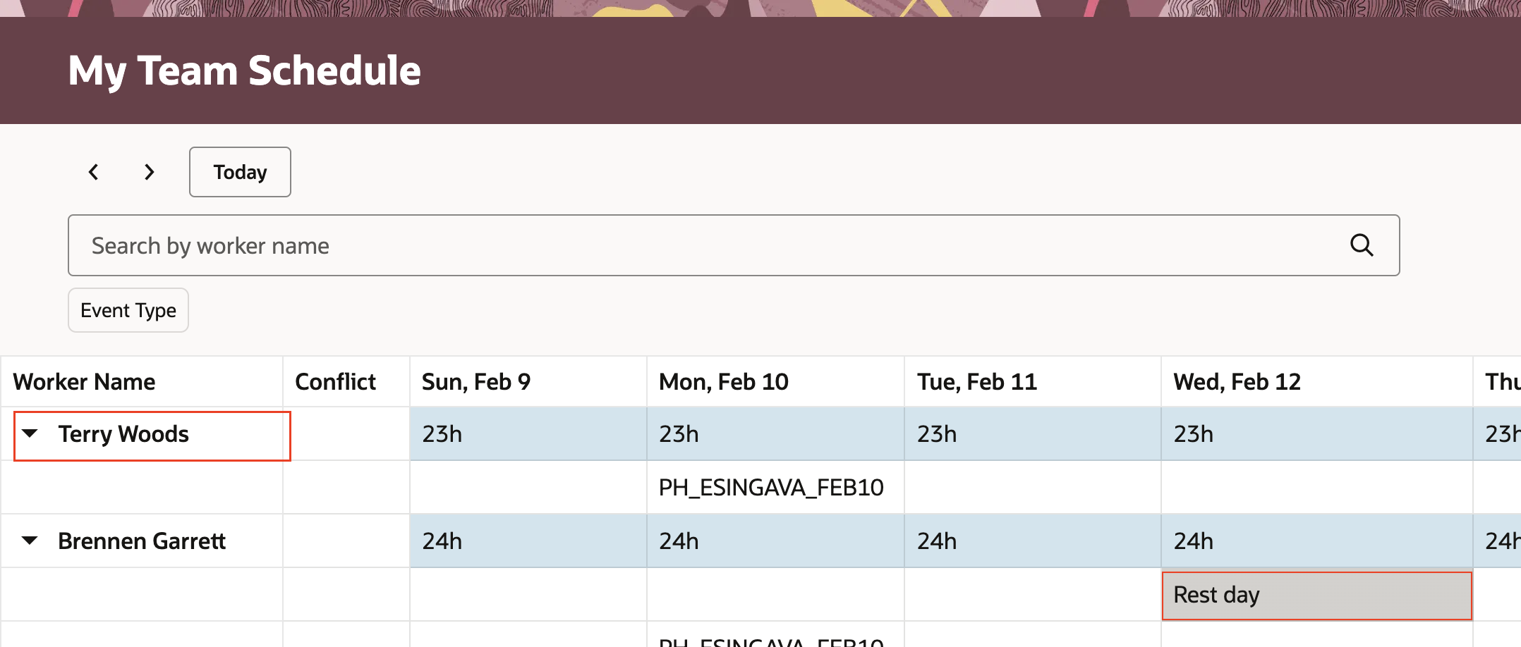 Weekly Redwood Team Schedule Page Showing the Line Manager's Name and Schedule Info, and a Worker's Rest