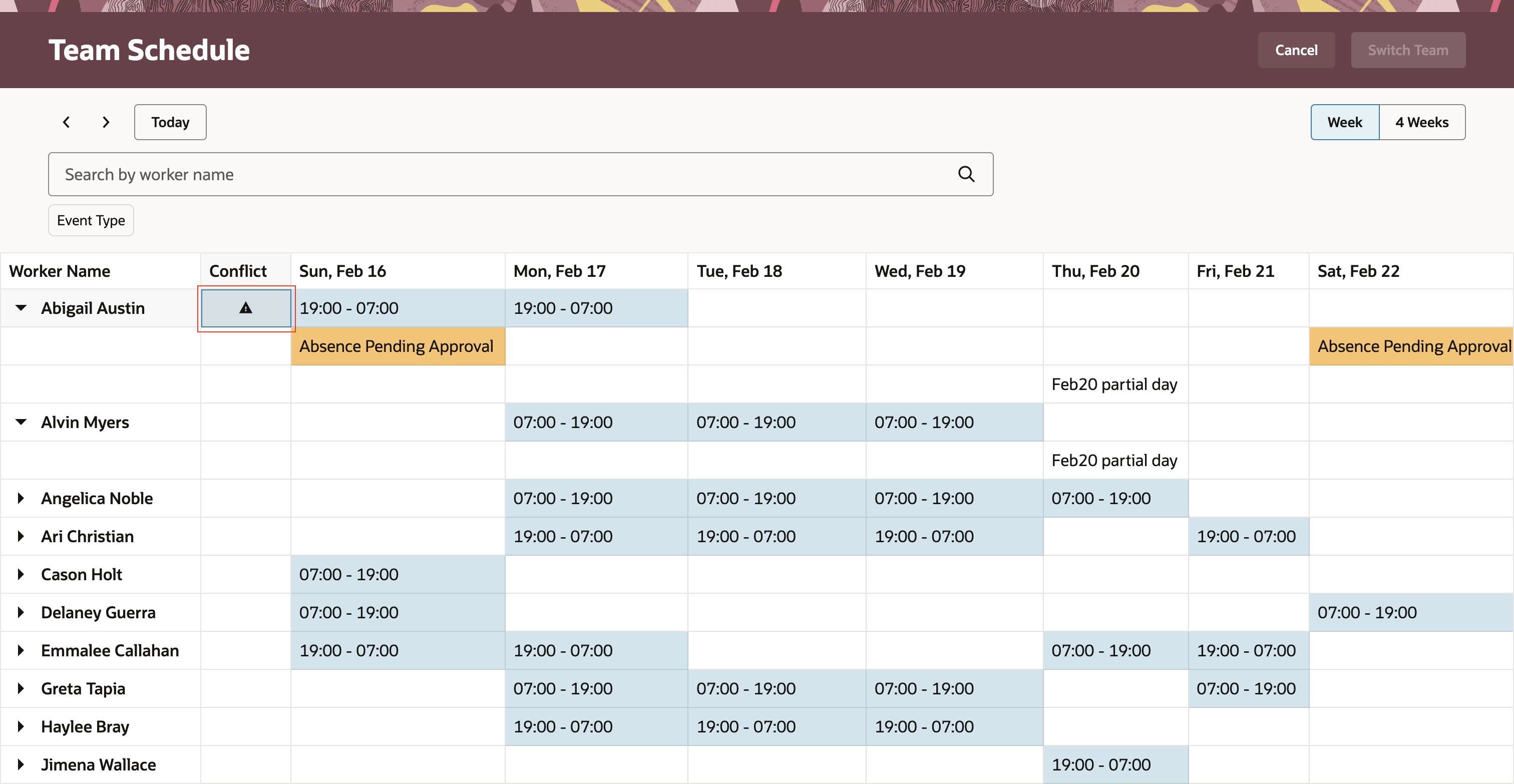 Weekly Redwood Team Schedule Page Showing a Worker Conflict Because They Have Both a Scheduled Shift and an Absence Pending Approval