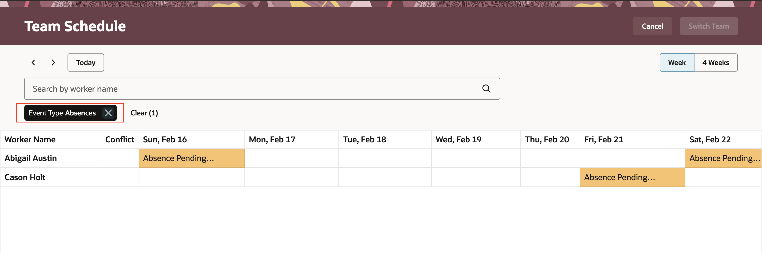 Redwood Team Schedule in the Week View Filtered to Show Only Absences