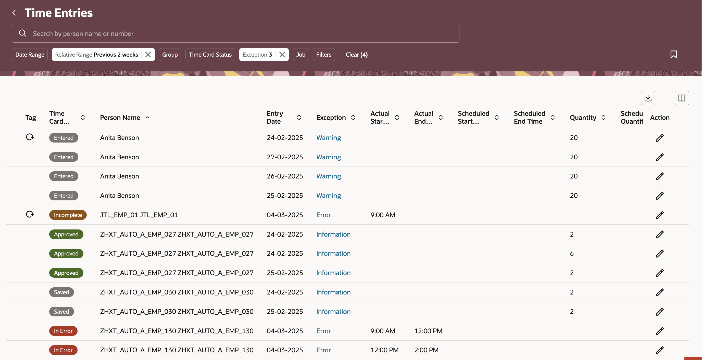 Redwood Time Entries Page Showing Entries for the Previous 2 Weeks