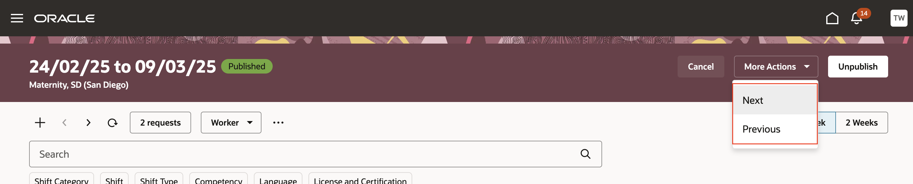 Department Schedule Showing the Next and Previous Actions and the New Filters