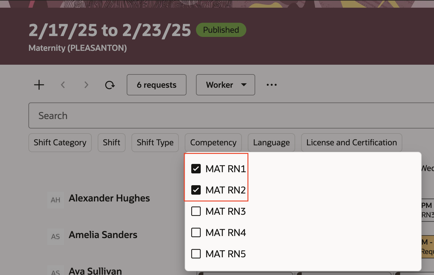 Department Schedule Showing Competency Filter Options