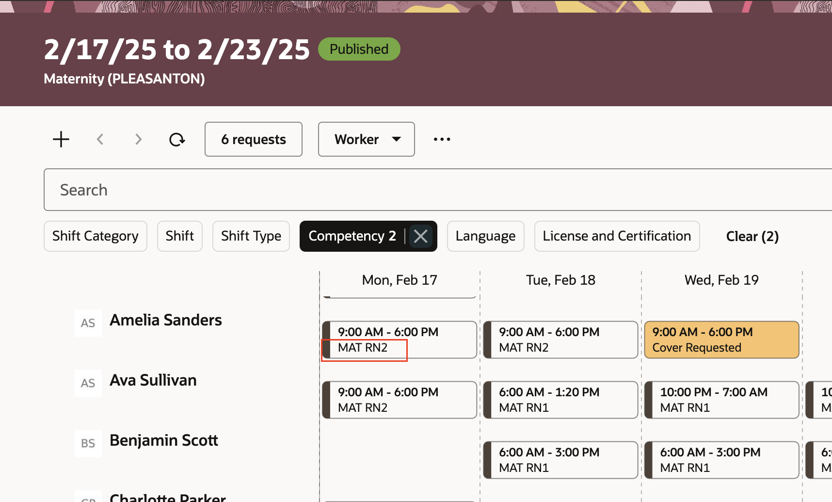 Department Schedule Filtered by 2 Competencies, Verifiable by the Secondary Attribute Showing for Each Shift