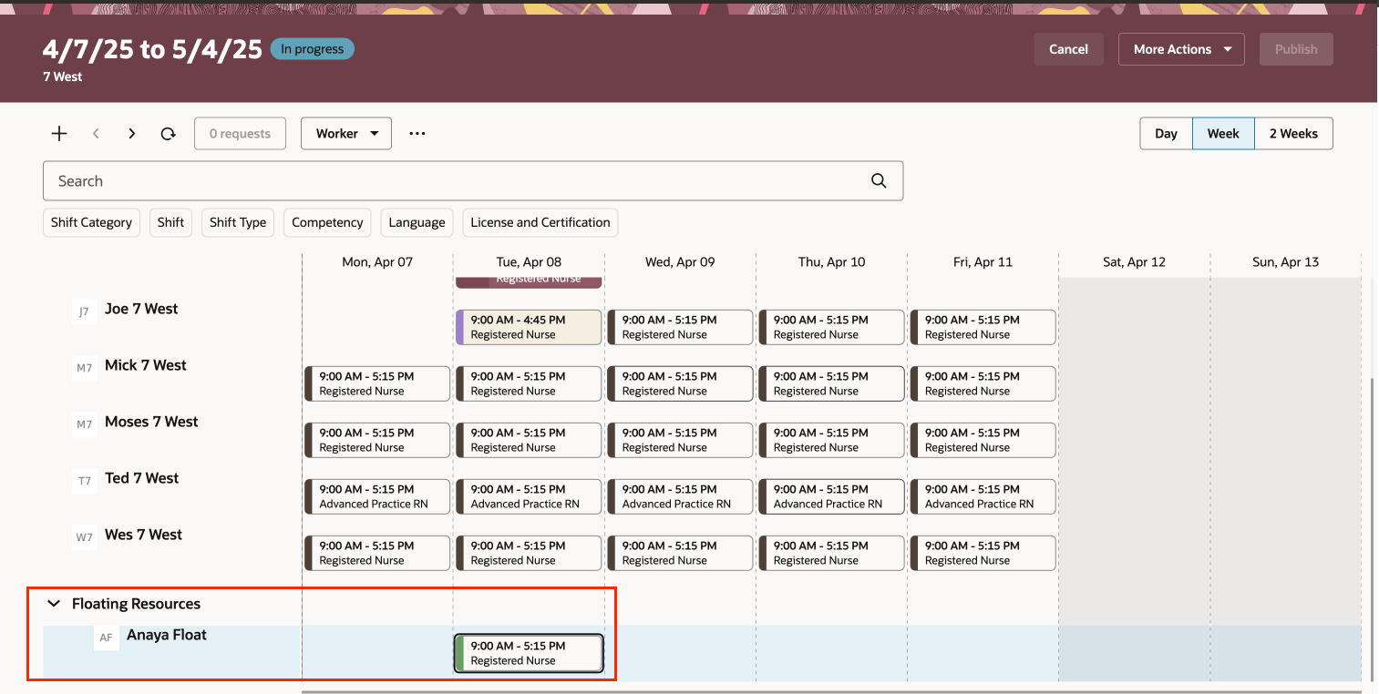 Department Schedule Showing a Completed Transfer in the Floating Resources Section