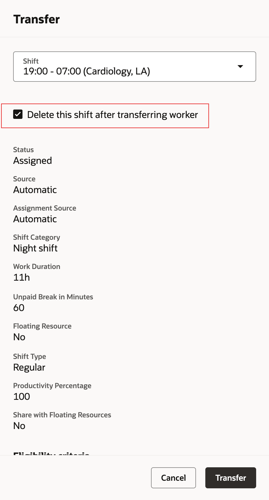 Transfer Drawer with an Open Shift and Delete This Shift Option Selected to Complete the Transfer 