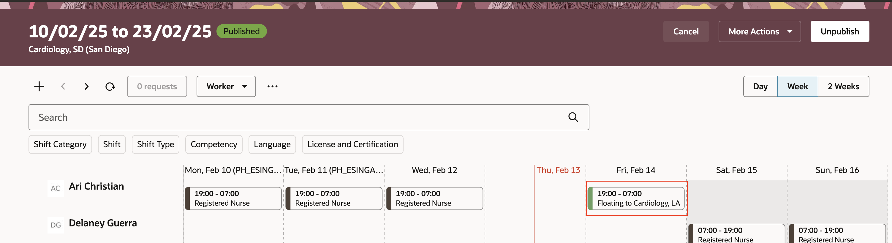 Department Schedule Showing the Worker Is Floating to Another Department for a Shift