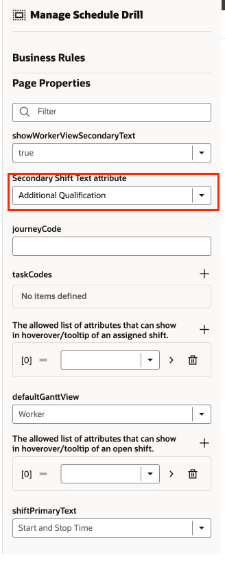 Visual Builder Studio Manage Schedule Drill Panel Showing the Secondary Shift Text Attribute Selection