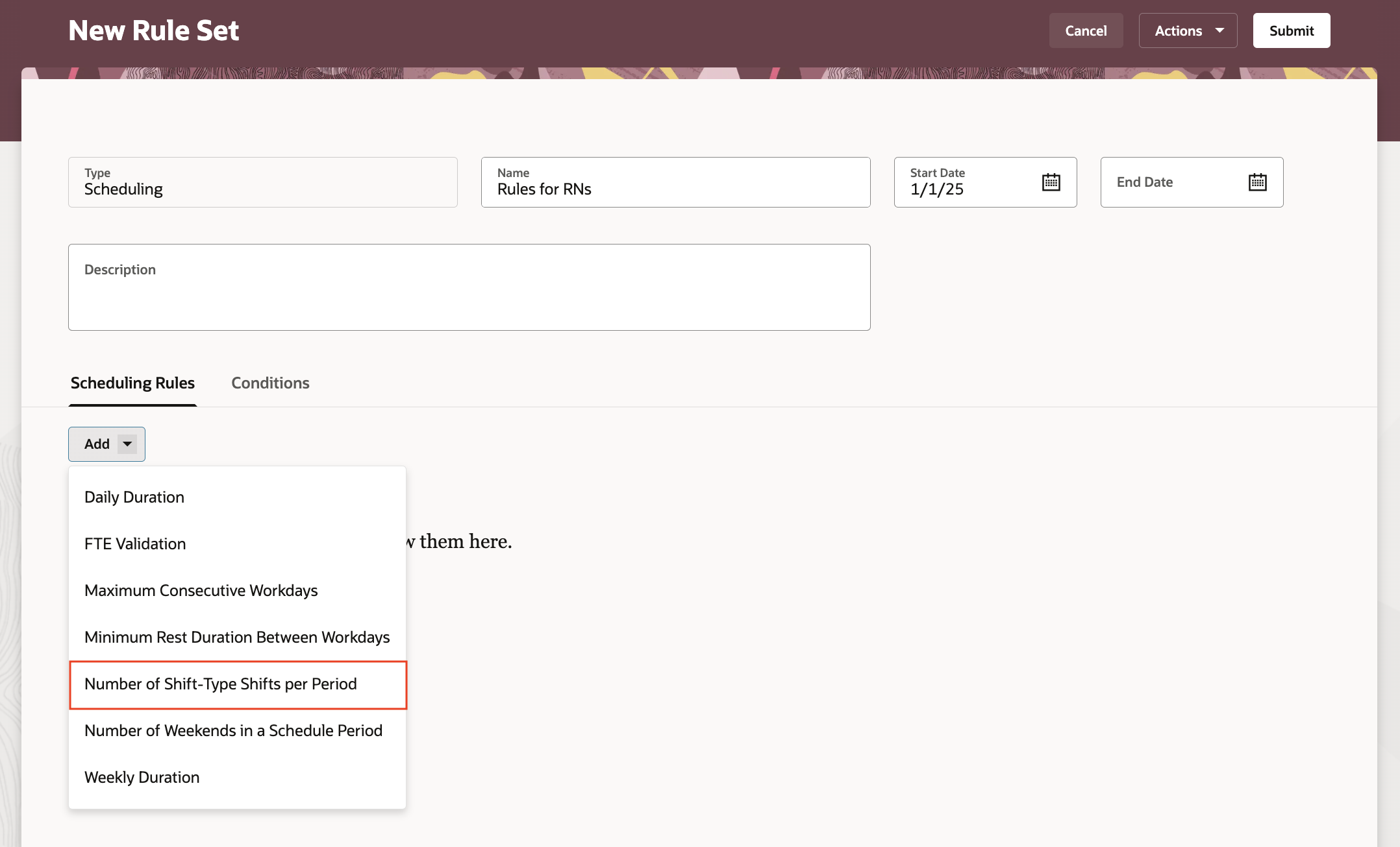 New Rule Set Page showing the New Option on the Scheduling Rules Add Button Menu