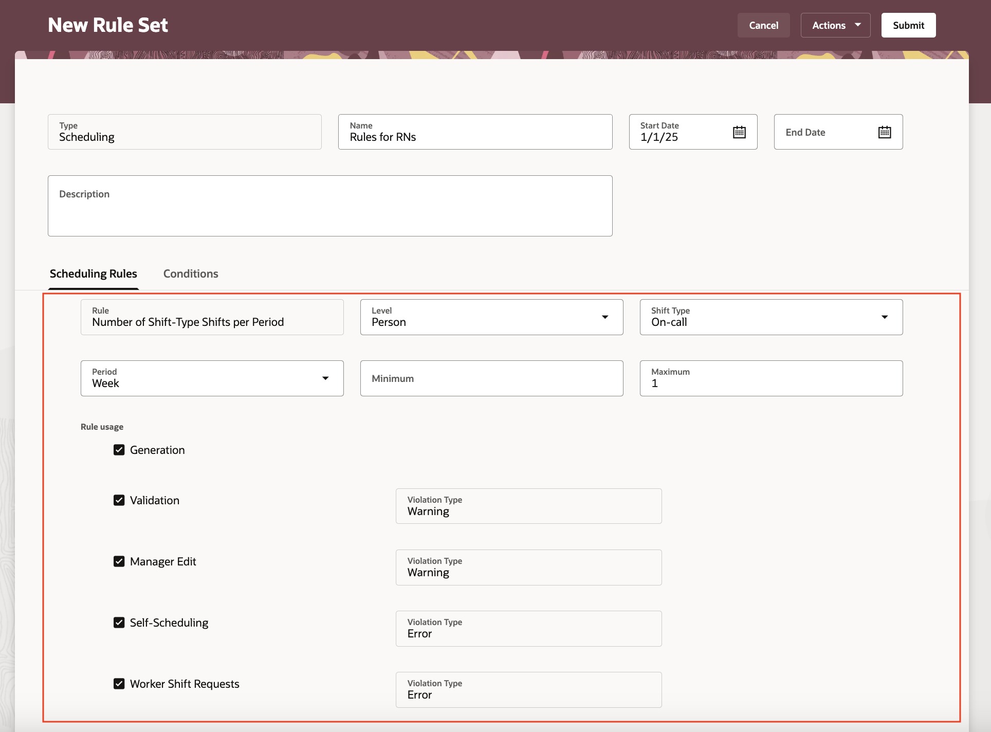 New Rule Set Page Showing the New Number of Shift-Type Shifts per Period Rule
