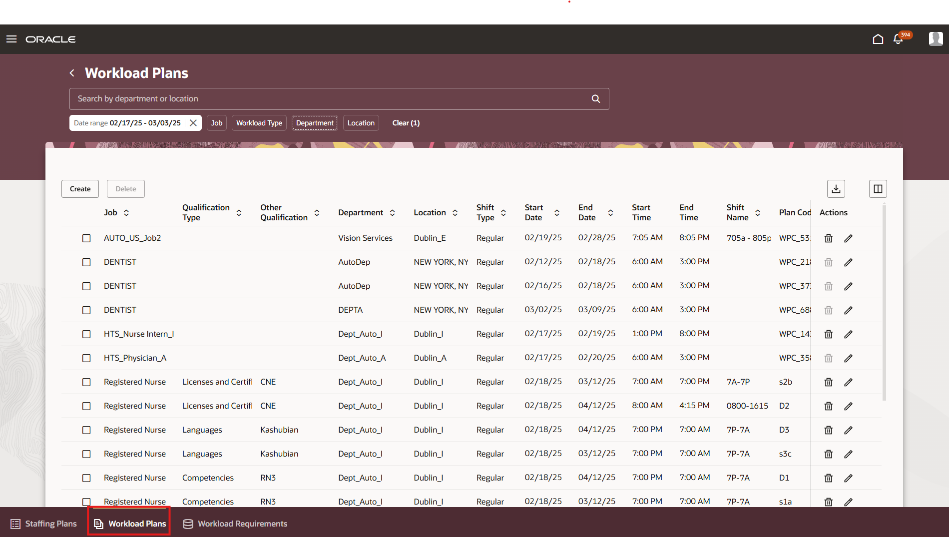 Workload Plans page