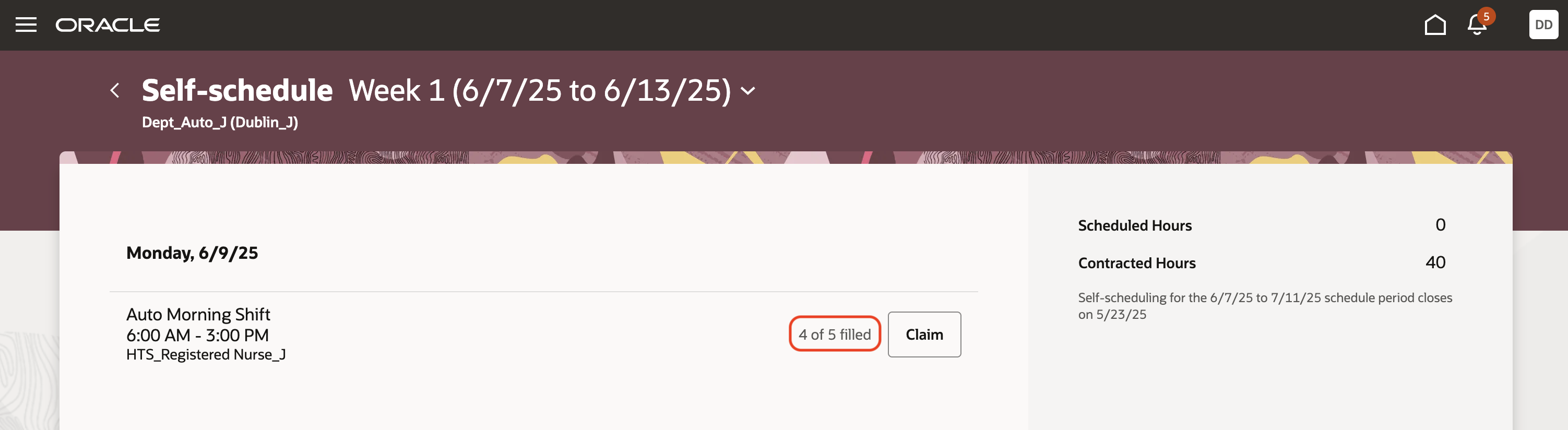 Self-Schedule Showing That 4 of 5 Slots for the Auto Morning Shift Are Filled
