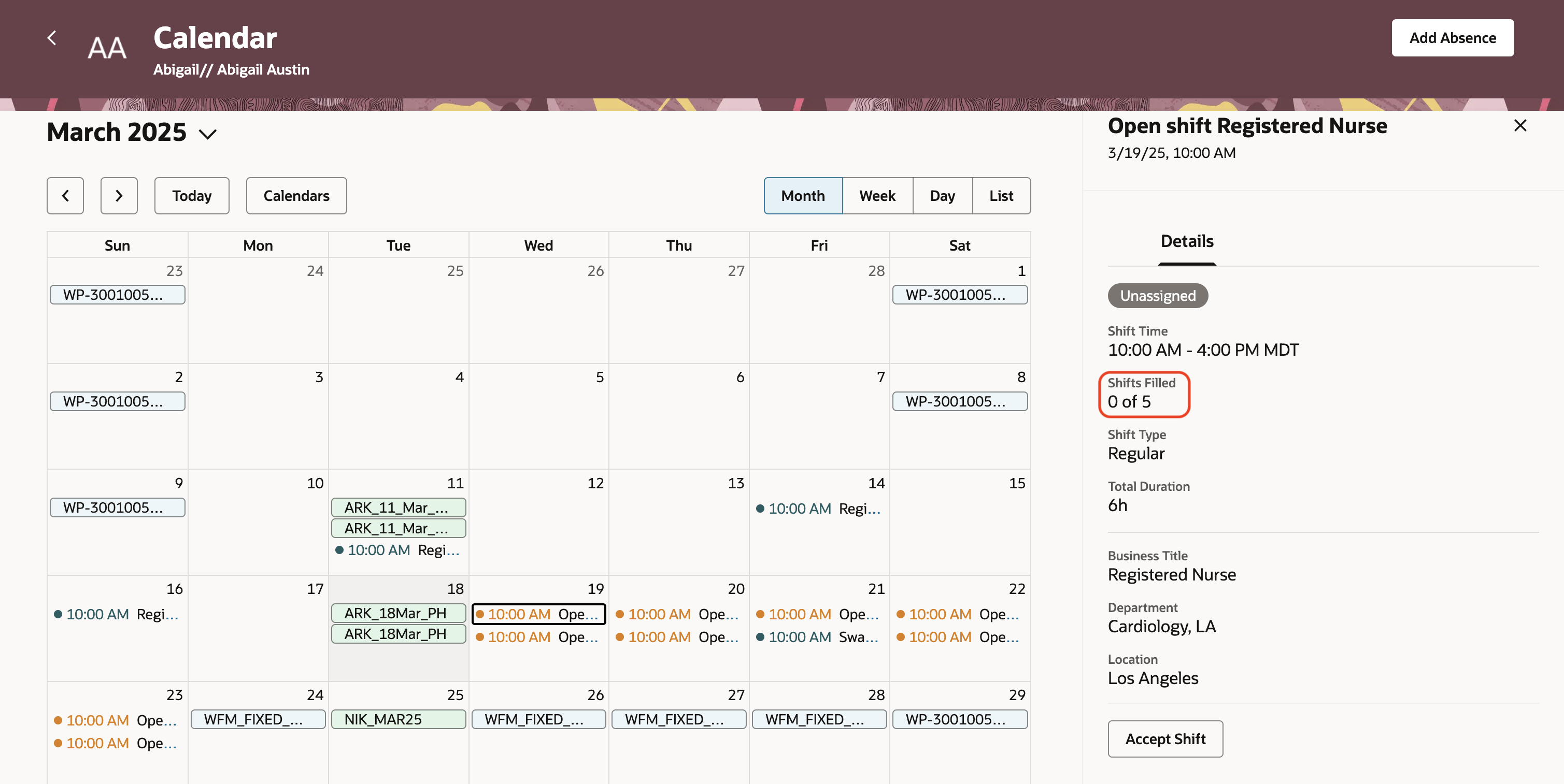  Calendar with the Open Shift Drawer Open and the Shift Showing 0 of 5 Slots Filled.