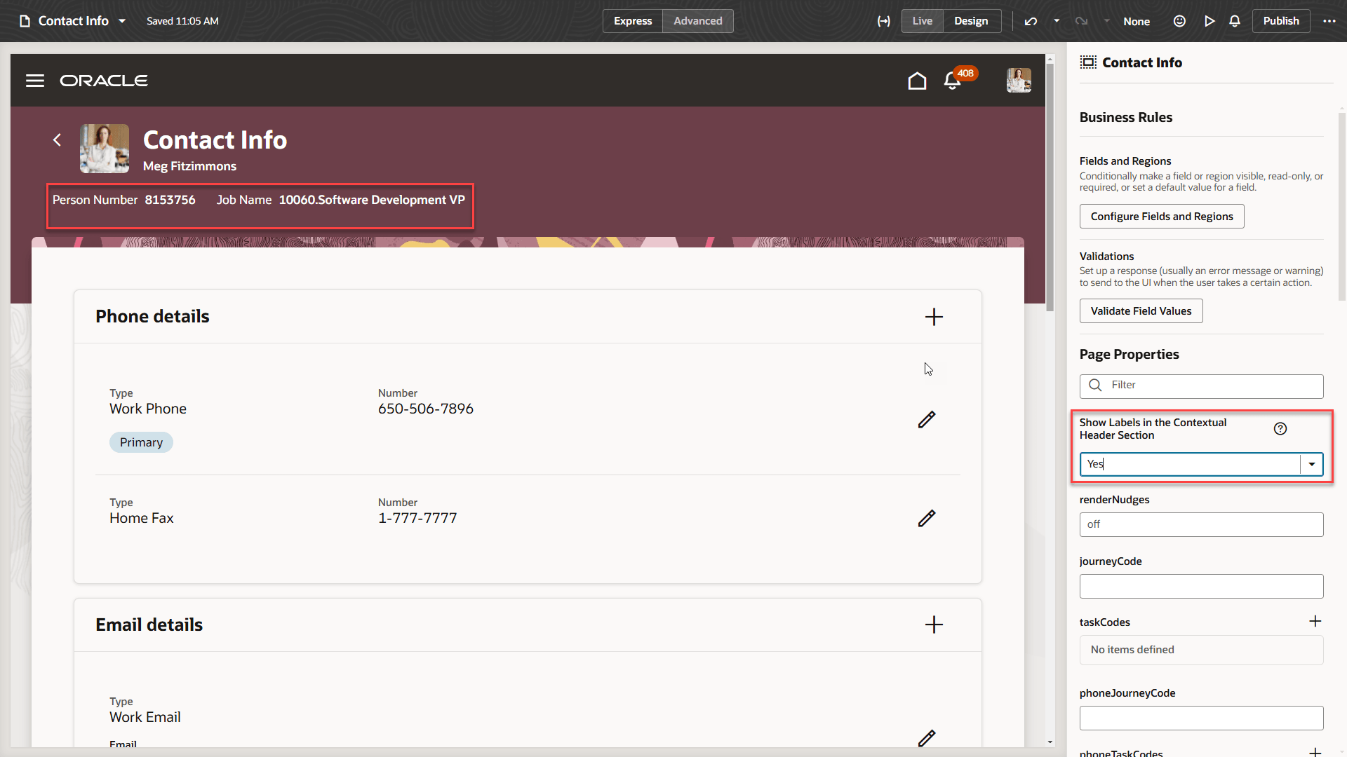 Results of Setting Page Property to Display Labels in Contextual Header