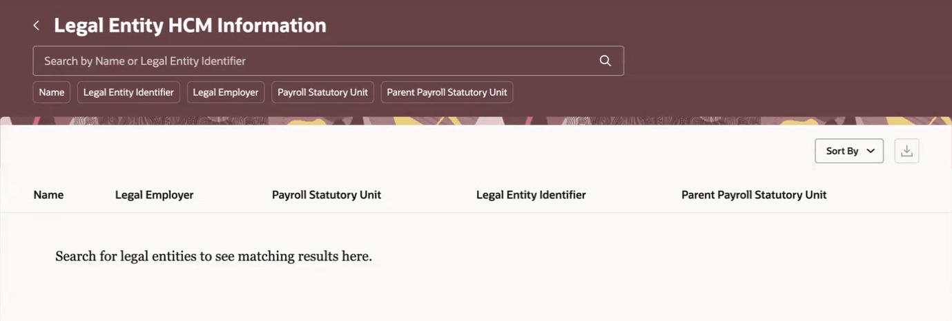 Legal Entity HCM Information search page