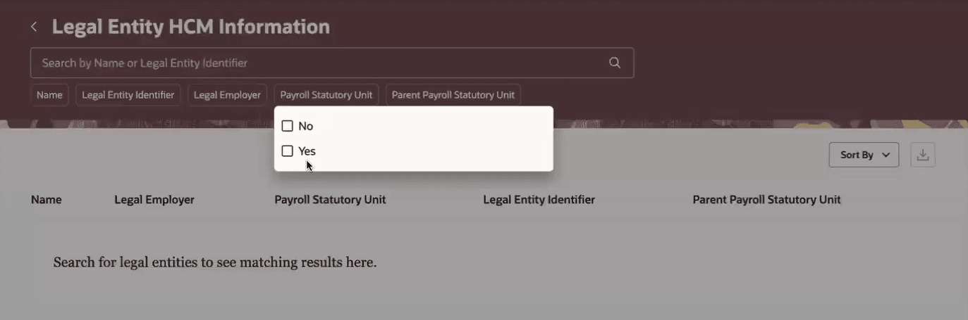 Search for a legal entity based on whether it’s a Payroll Statutory Unit