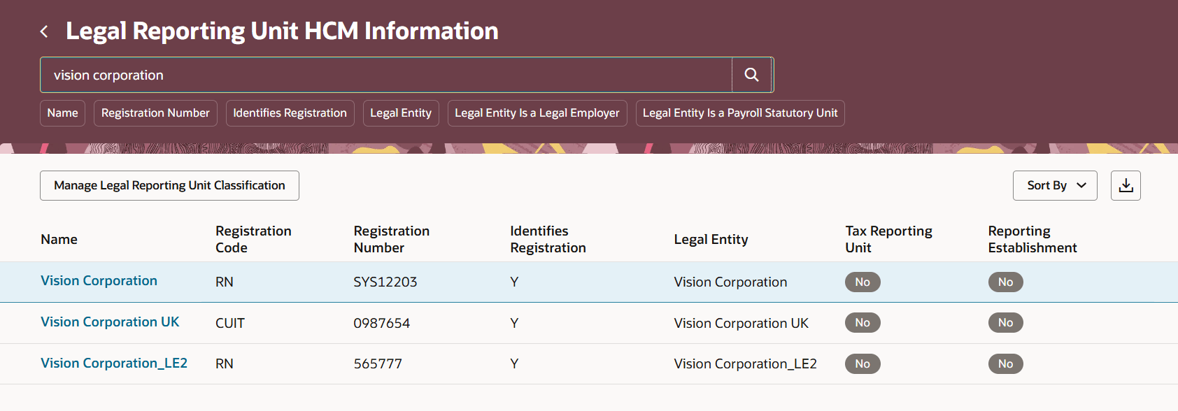 Legal Reporting Unit HCM Information search page