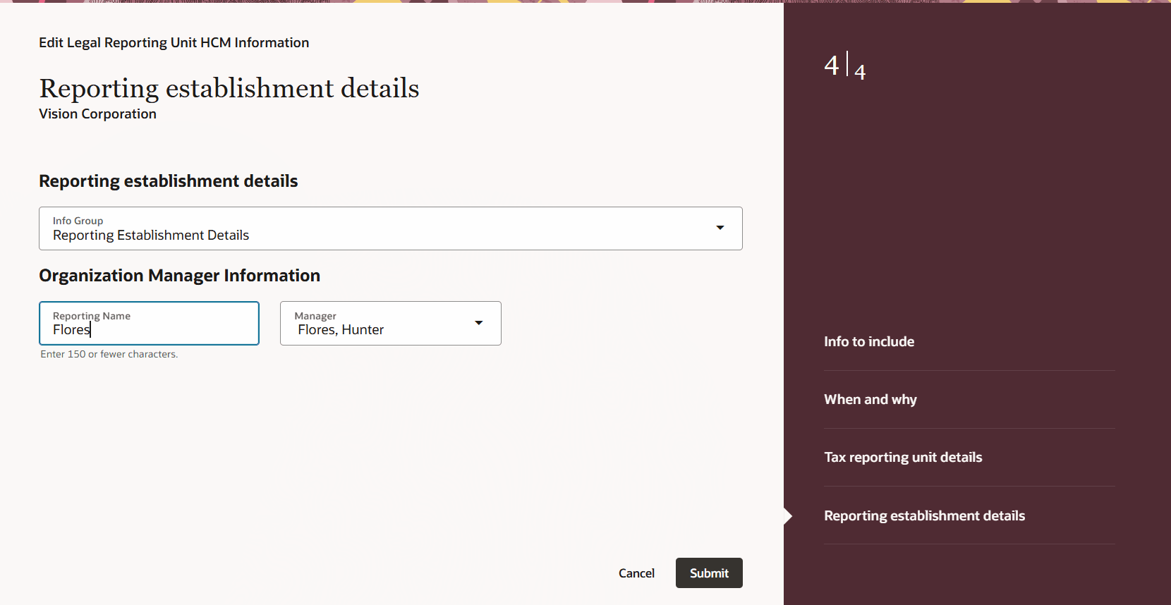 Correct LRU: Reporting establishment details step