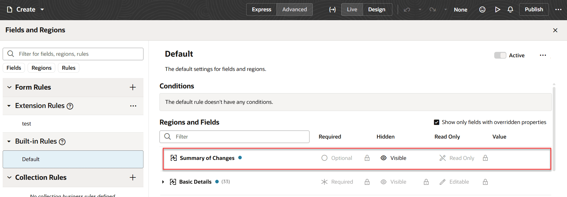 Summary of changes section available in VB Studio business rules 