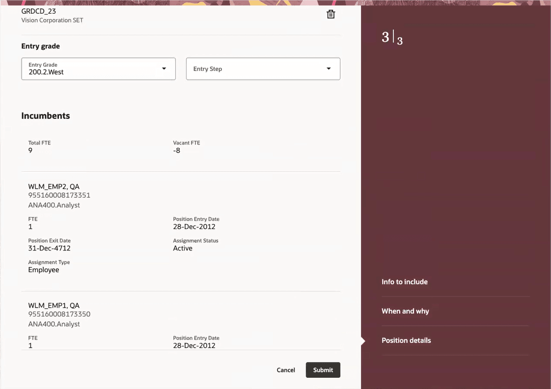 Incumbents section in the Position details step of the guided process