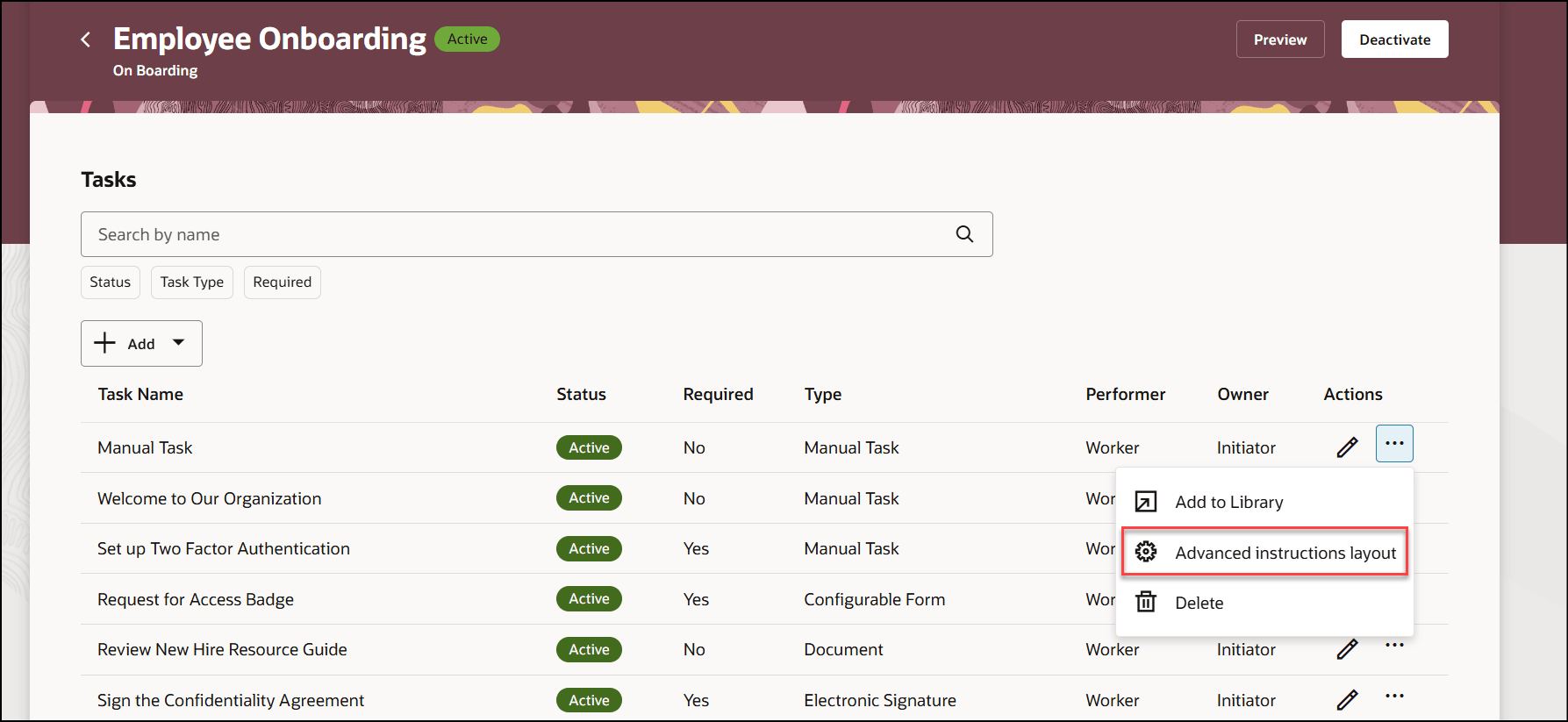 Advanced Instructions Layout Option from Actions Menu of Task