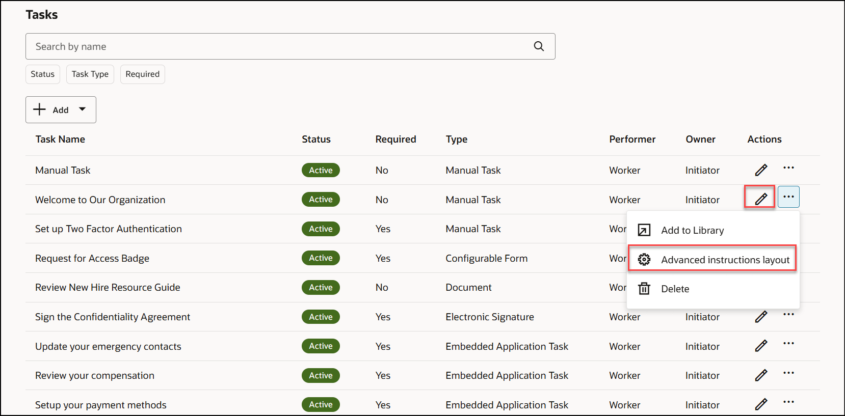 You need to select the Advanced instructions layout value from the Actions menu of the corresponding task.